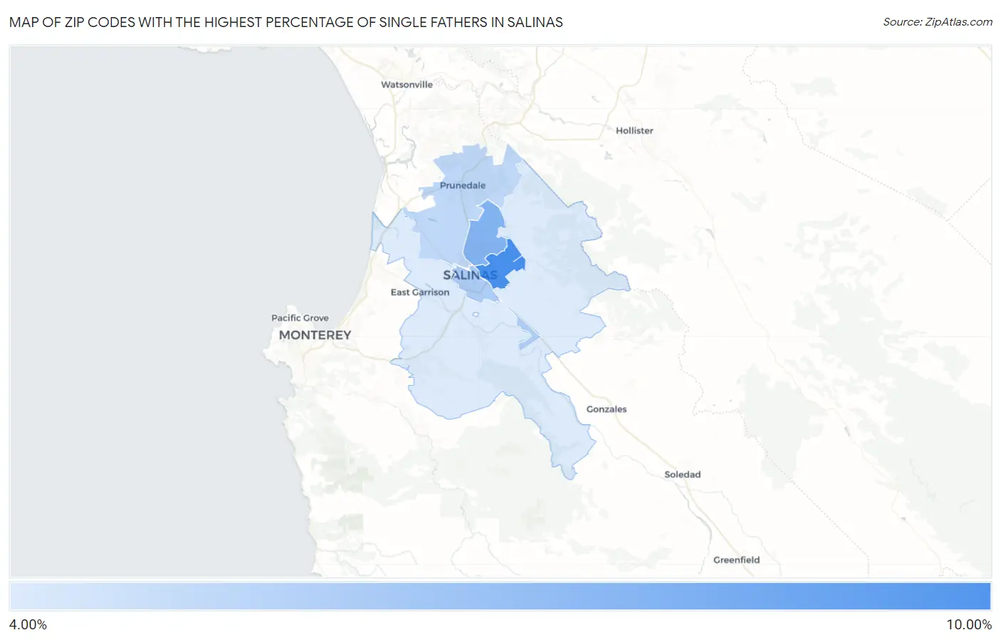Zip Codes with the Highest Percentage of Single Fathers in Salinas Map