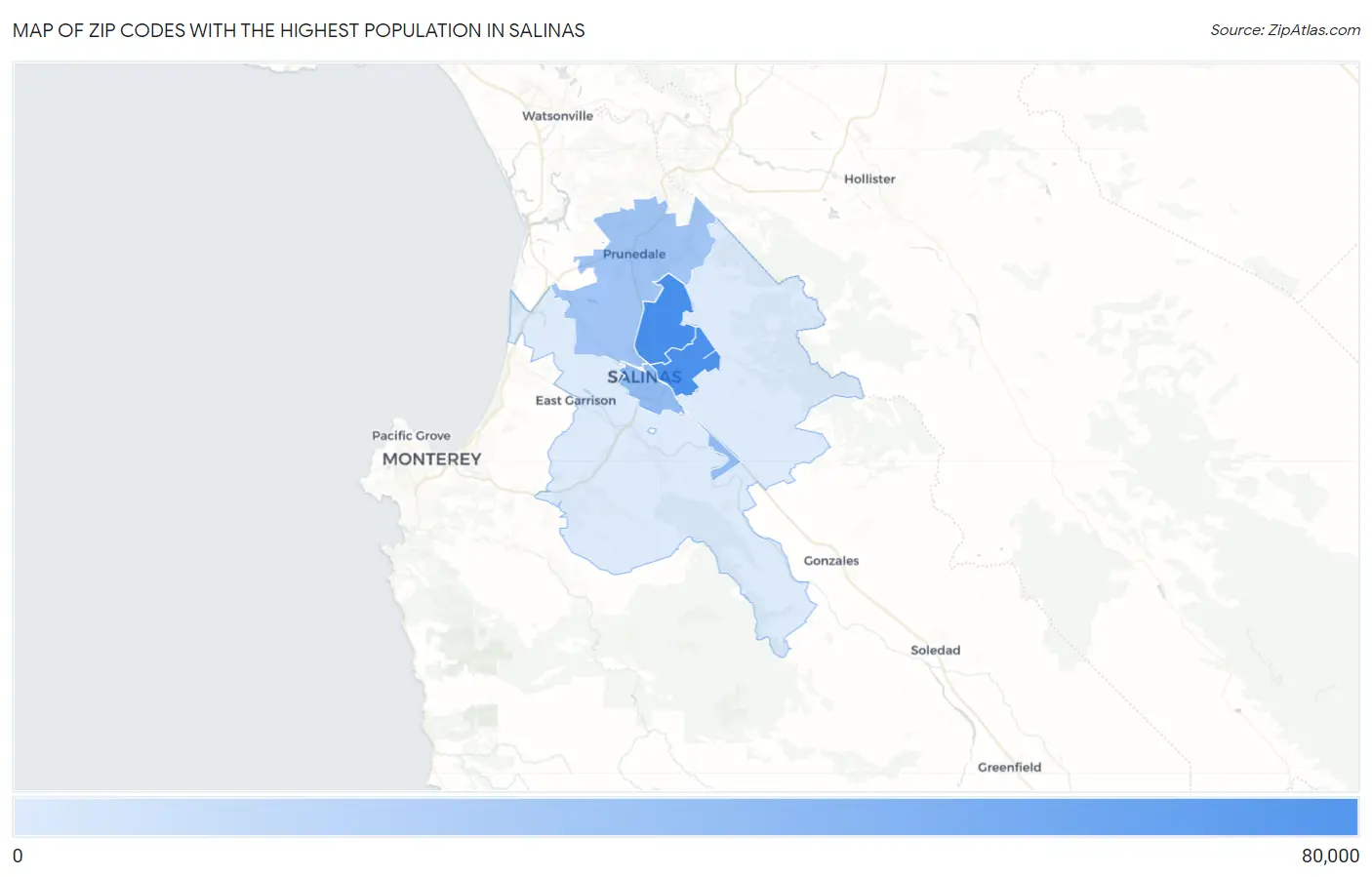 Zip Codes with the Highest Population in Salinas Map