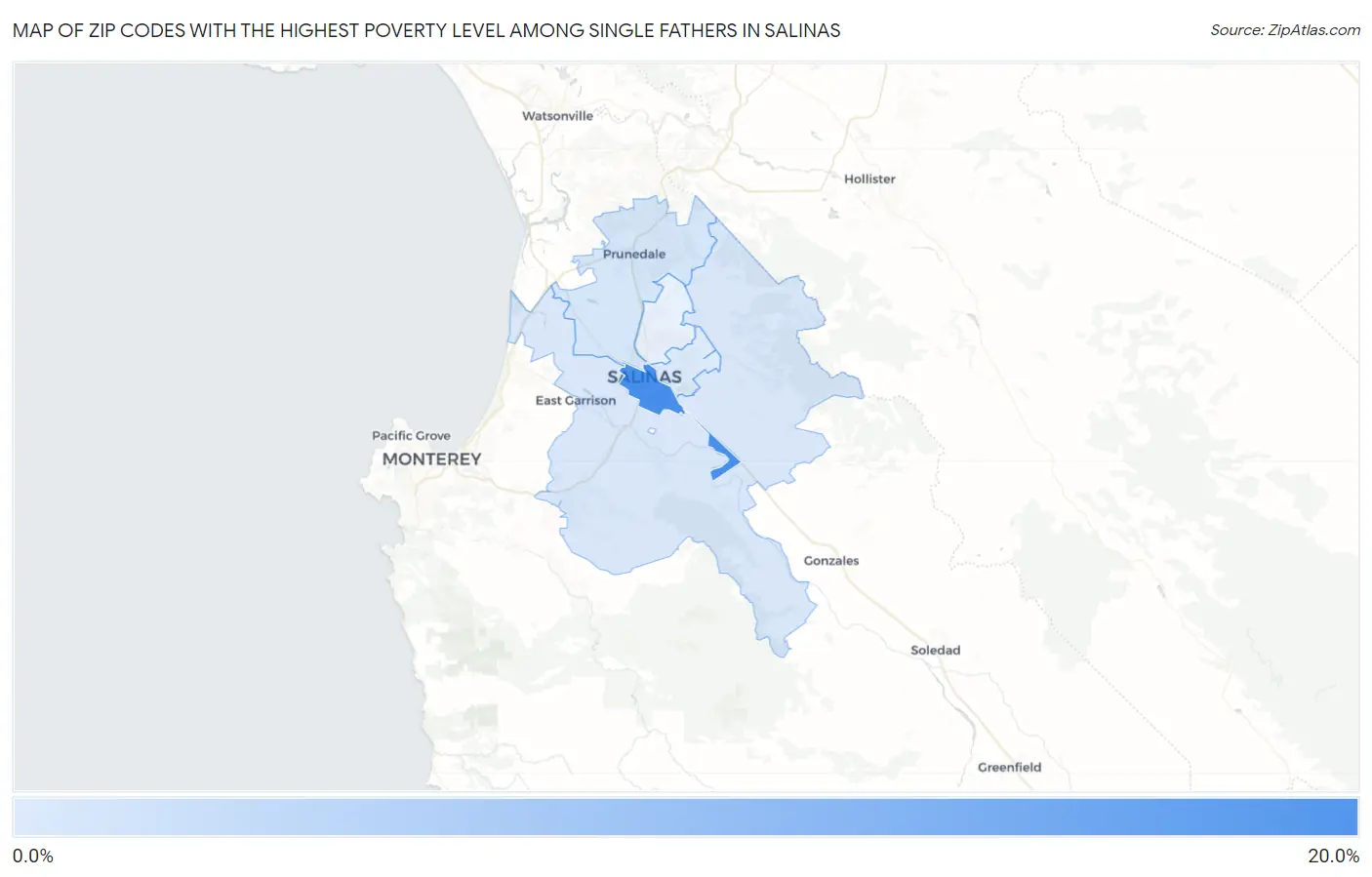 Zip Codes with the Highest Poverty Level Among Single Fathers in Salinas Map