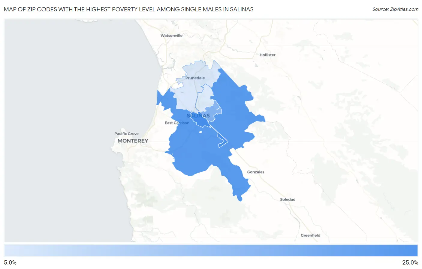 Zip Codes with the Highest Poverty Level Among Single Males in Salinas Map