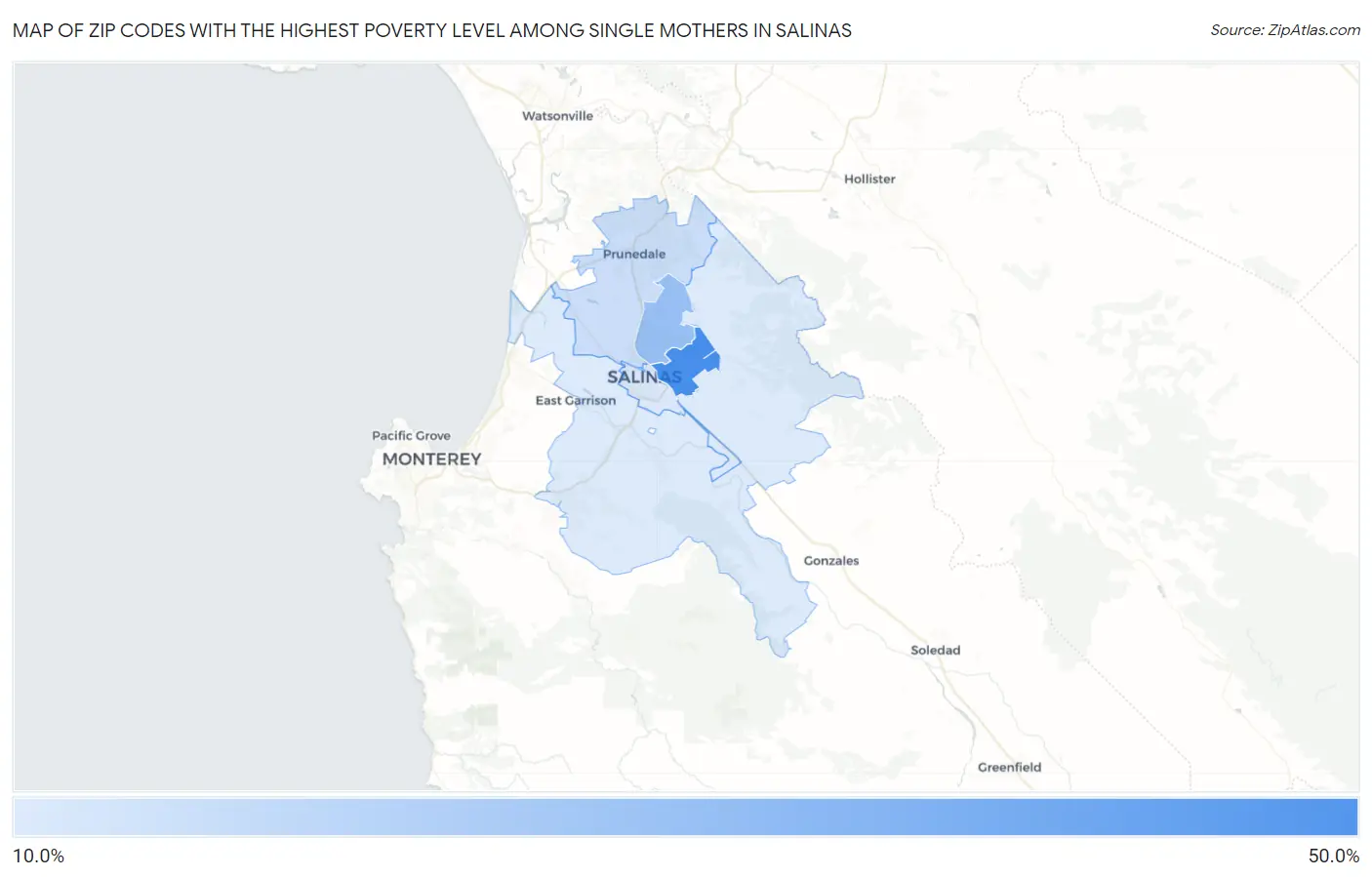 Zip Codes with the Highest Poverty Level Among Single Mothers in Salinas Map