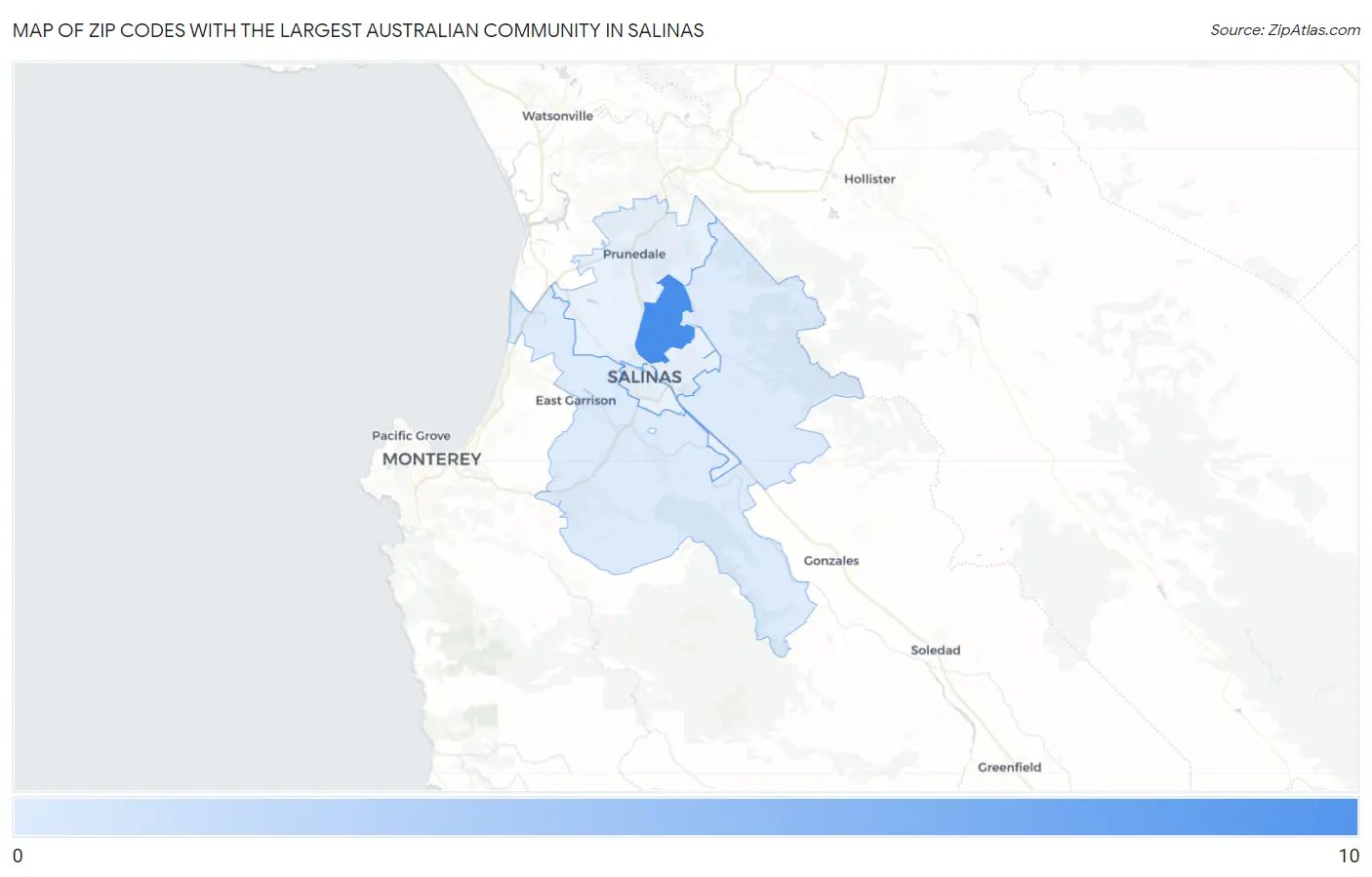 Zip Codes with the Largest Australian Community in Salinas Map