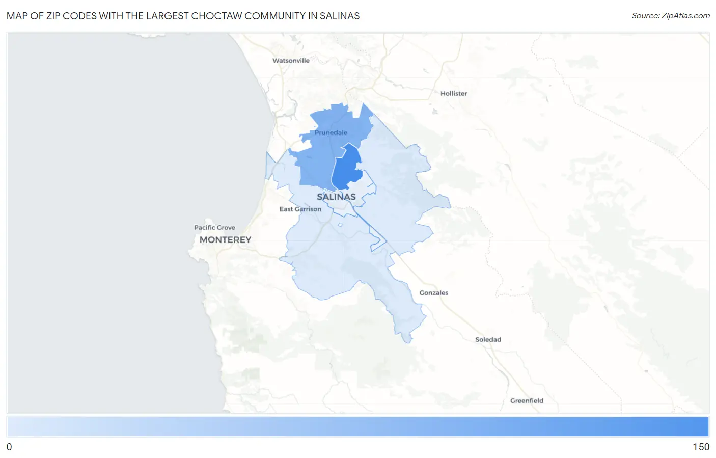 Zip Codes with the Largest Choctaw Community in Salinas Map
