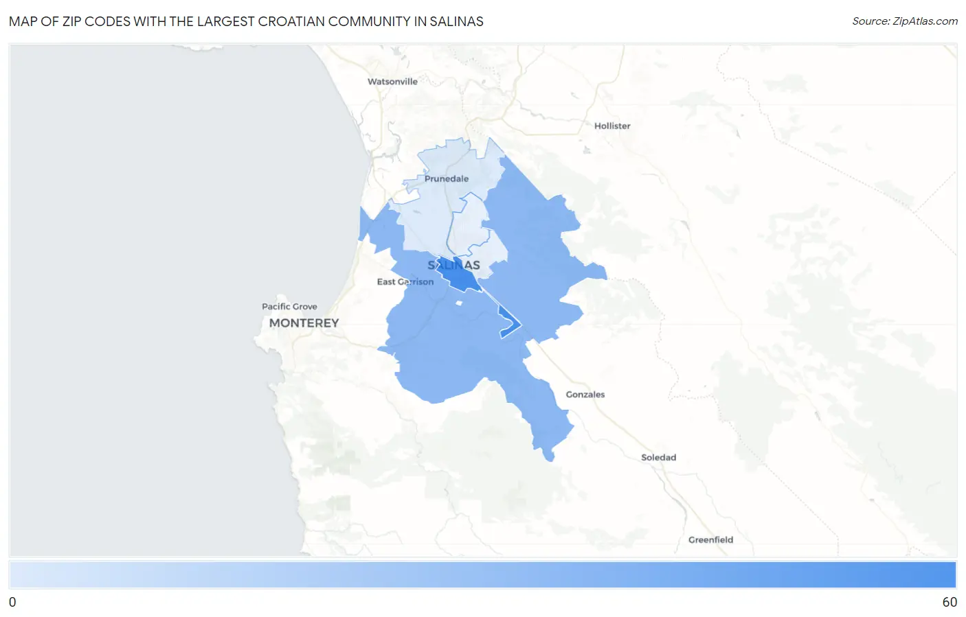 Zip Codes with the Largest Croatian Community in Salinas Map