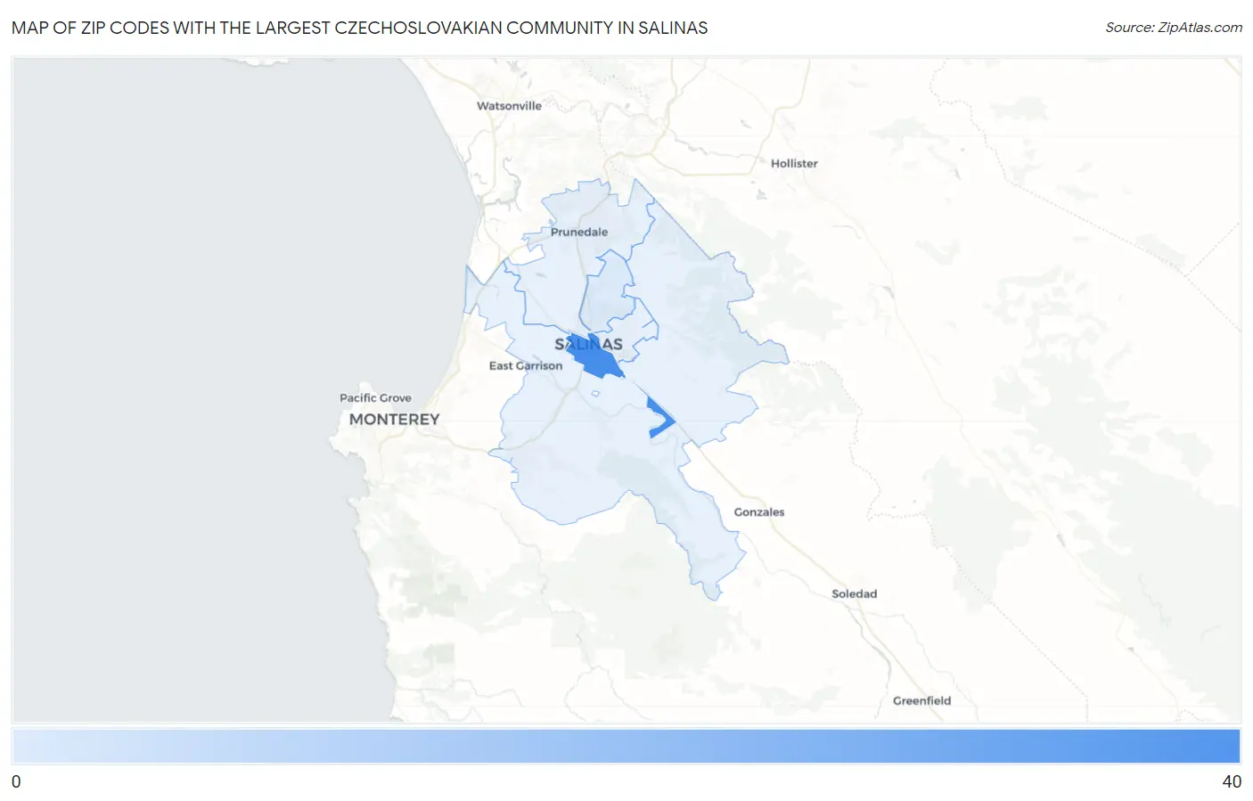 Zip Codes with the Largest Czechoslovakian Community in Salinas Map