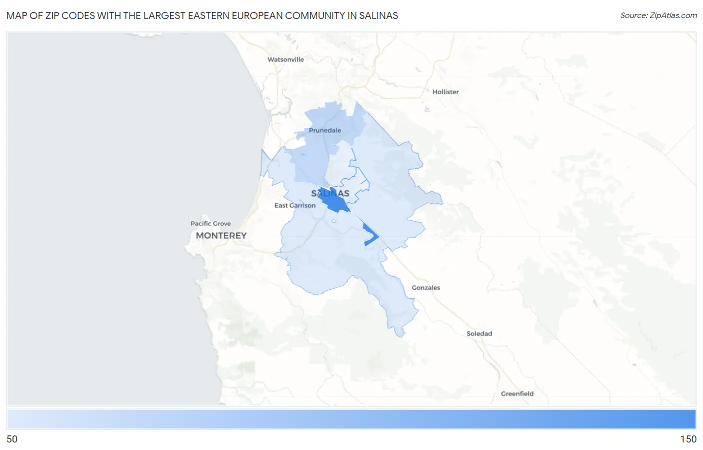Zip Codes with the Largest Eastern European Community in Salinas Map