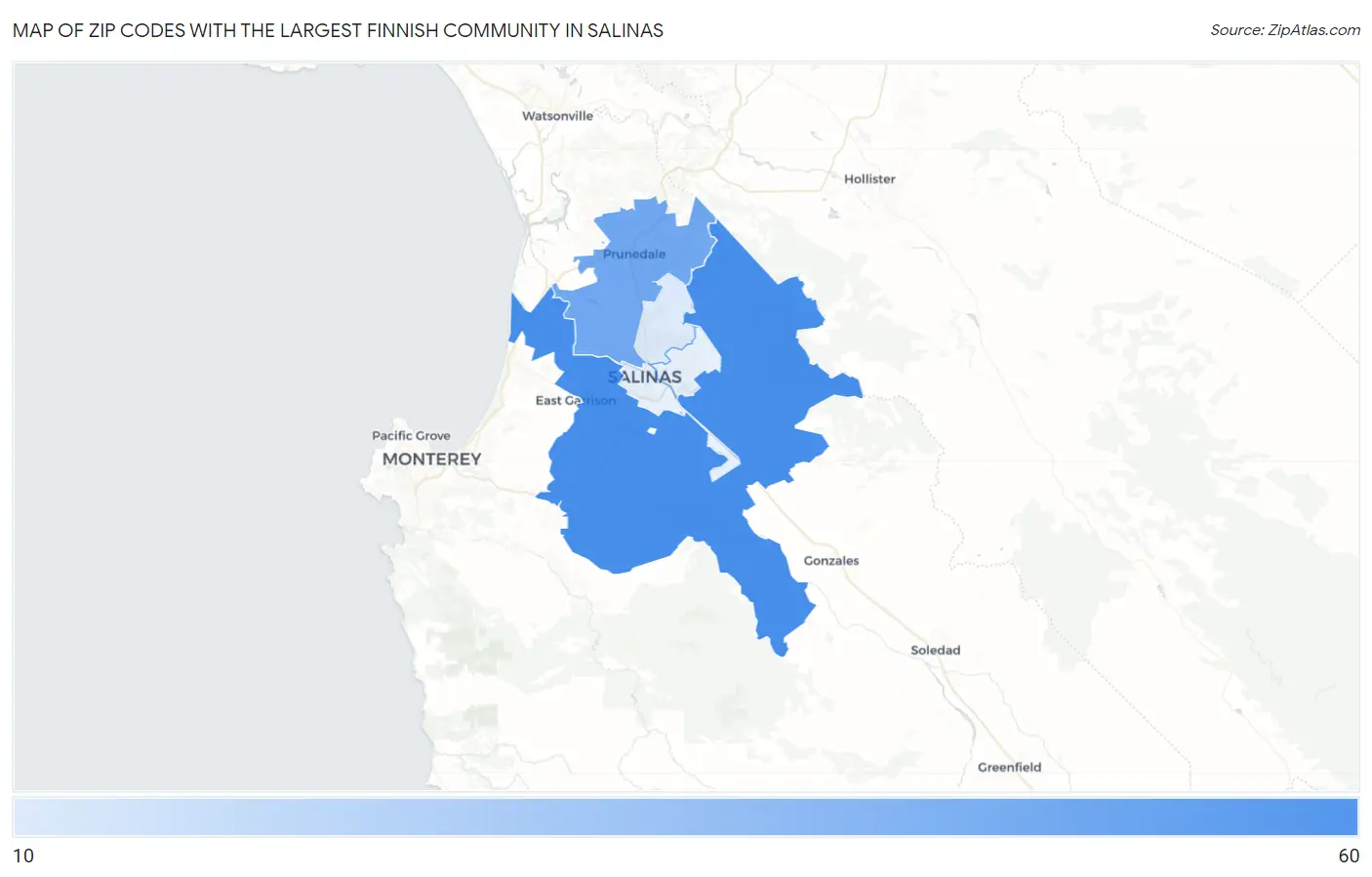 Zip Codes with the Largest Finnish Community in Salinas Map