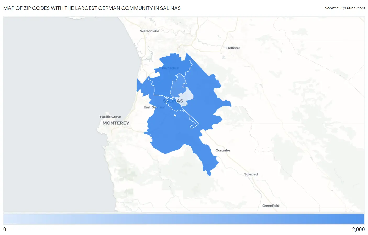 Zip Codes with the Largest German Community in Salinas Map