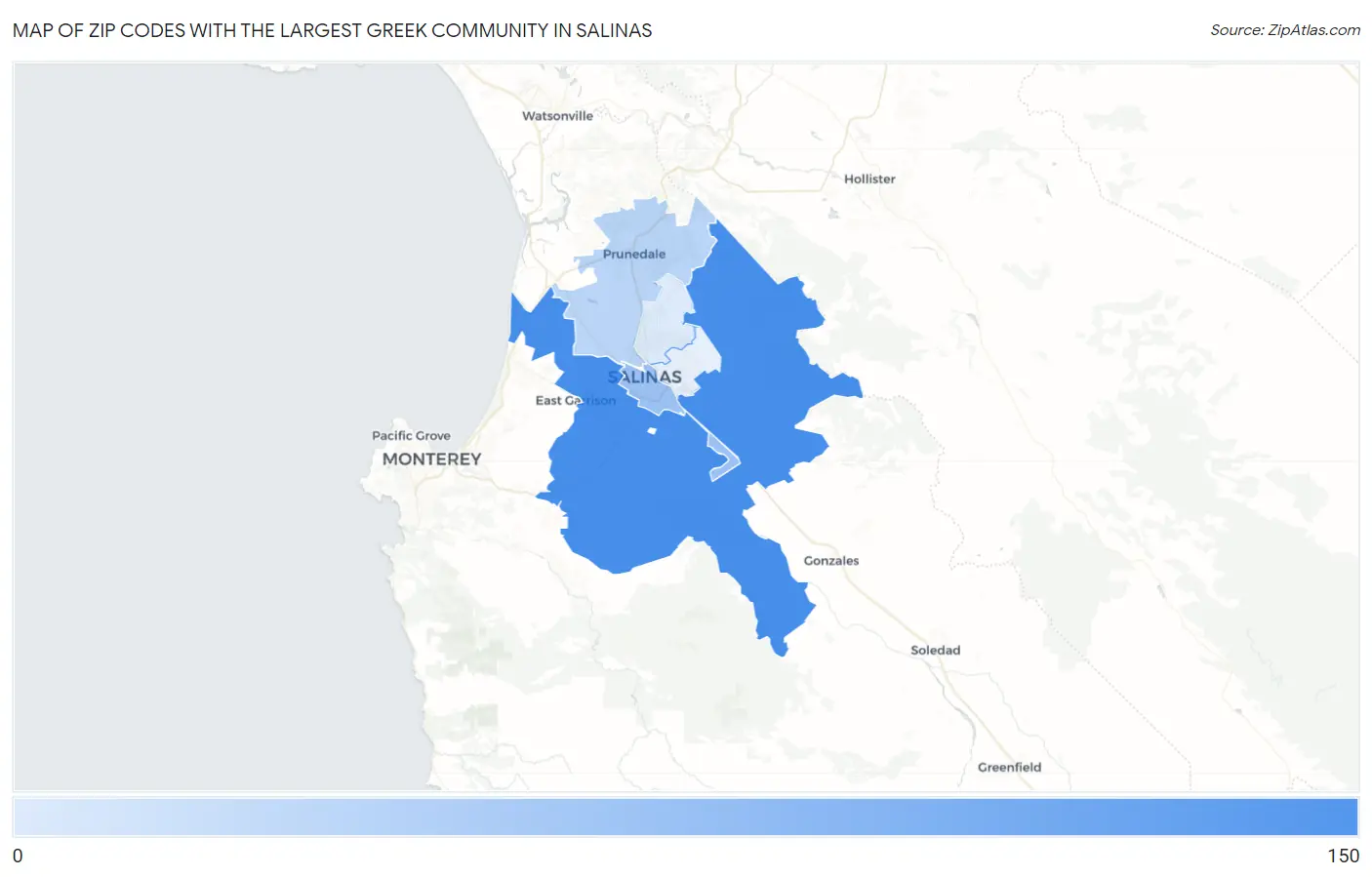 Zip Codes with the Largest Greek Community in Salinas Map