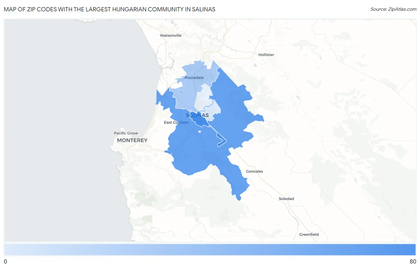 Zip Codes with the Largest Hungarian Community in Salinas Map