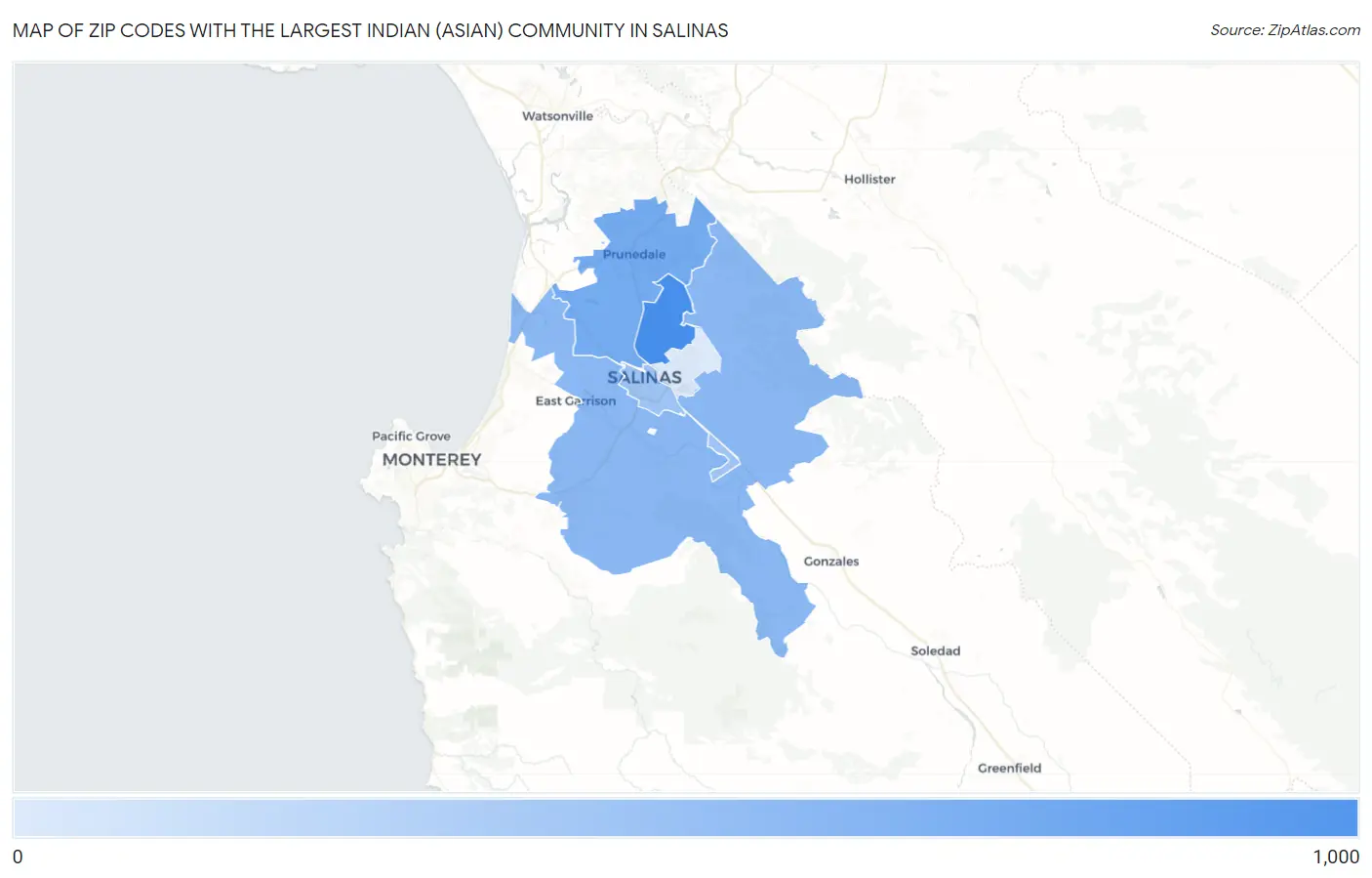 Zip Codes with the Largest Indian (Asian) Community in Salinas Map
