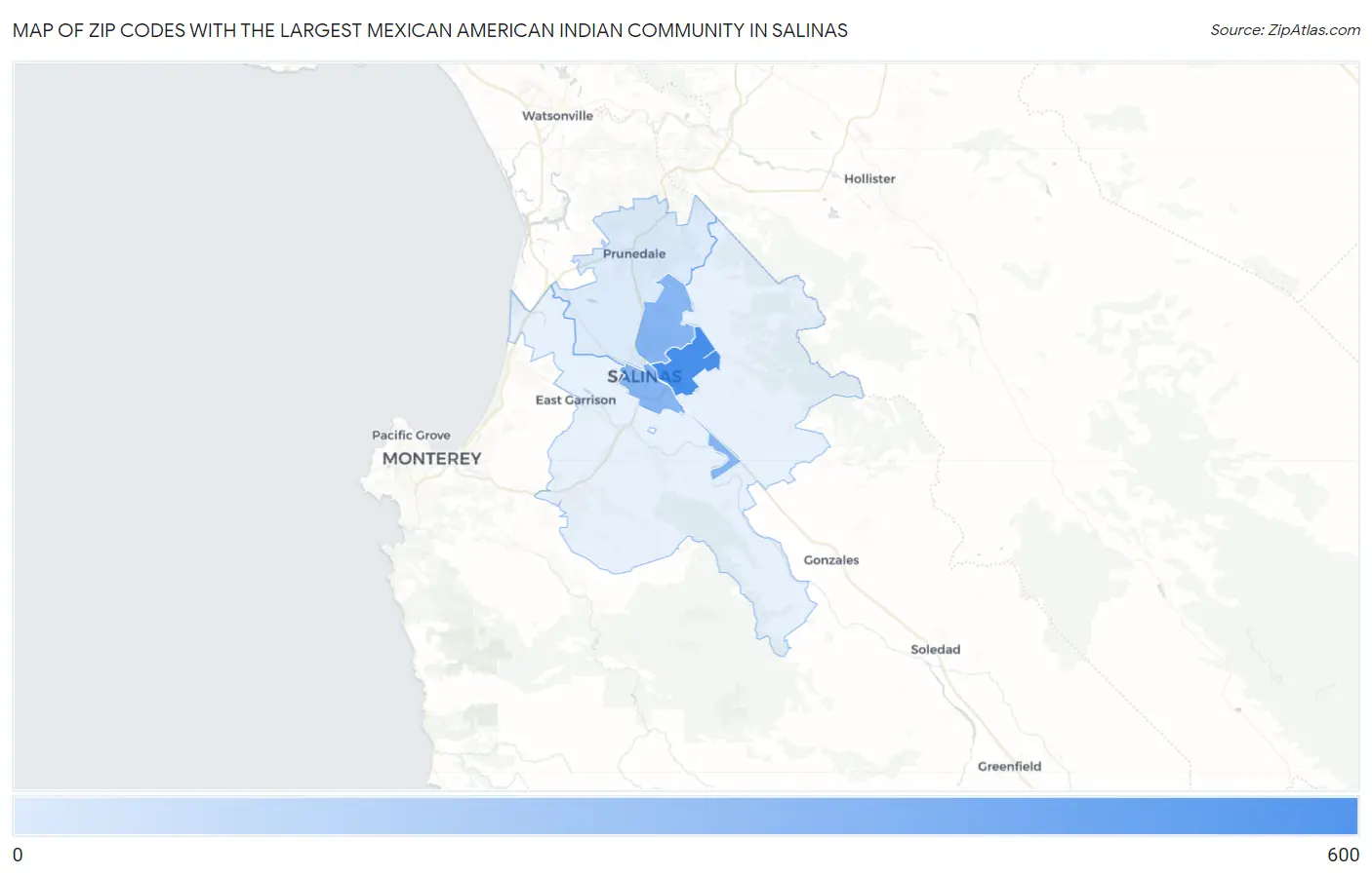 Zip Codes with the Largest Mexican American Indian Community in Salinas Map
