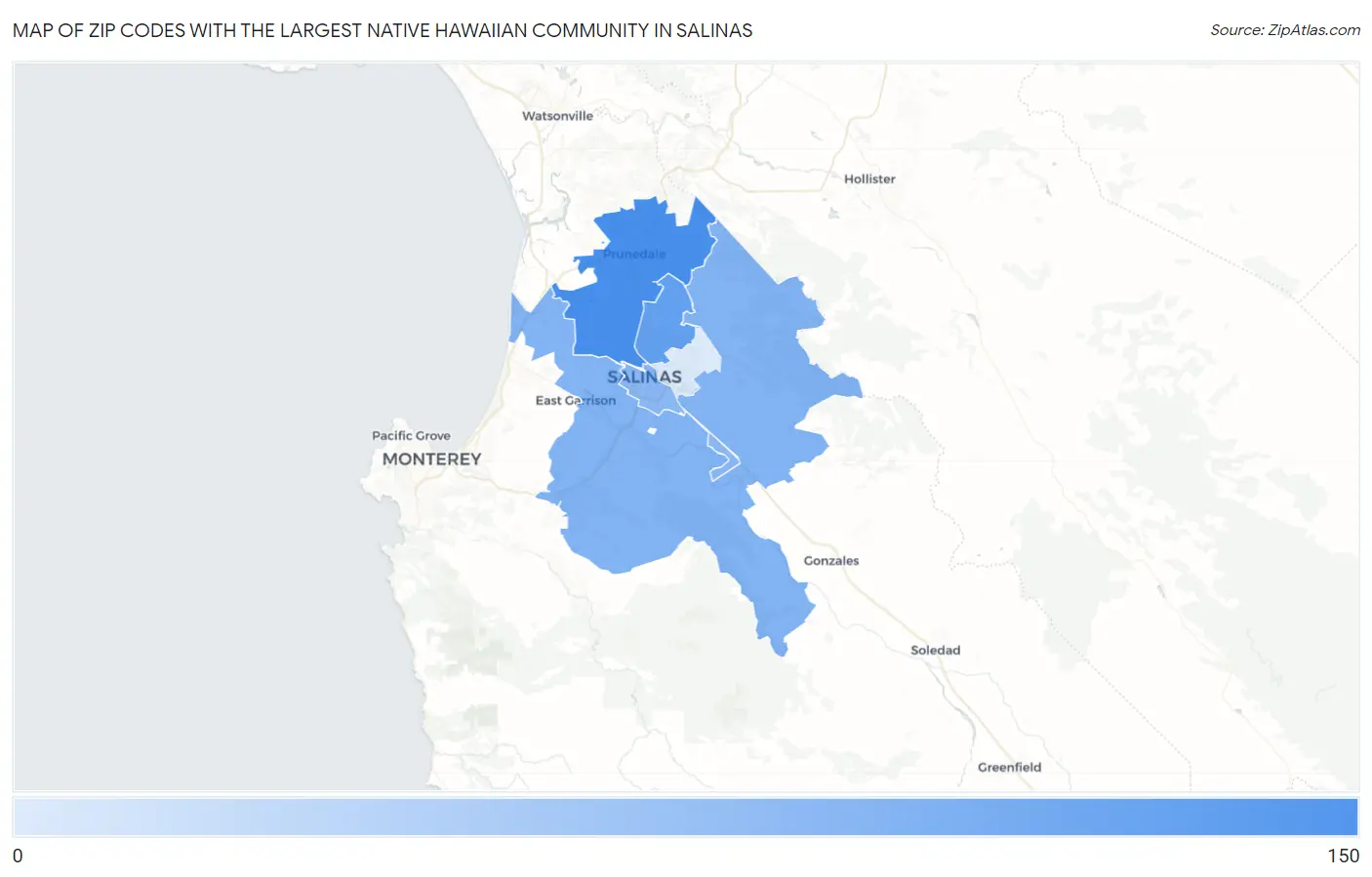 Zip Codes with the Largest Native Hawaiian Community in Salinas Map