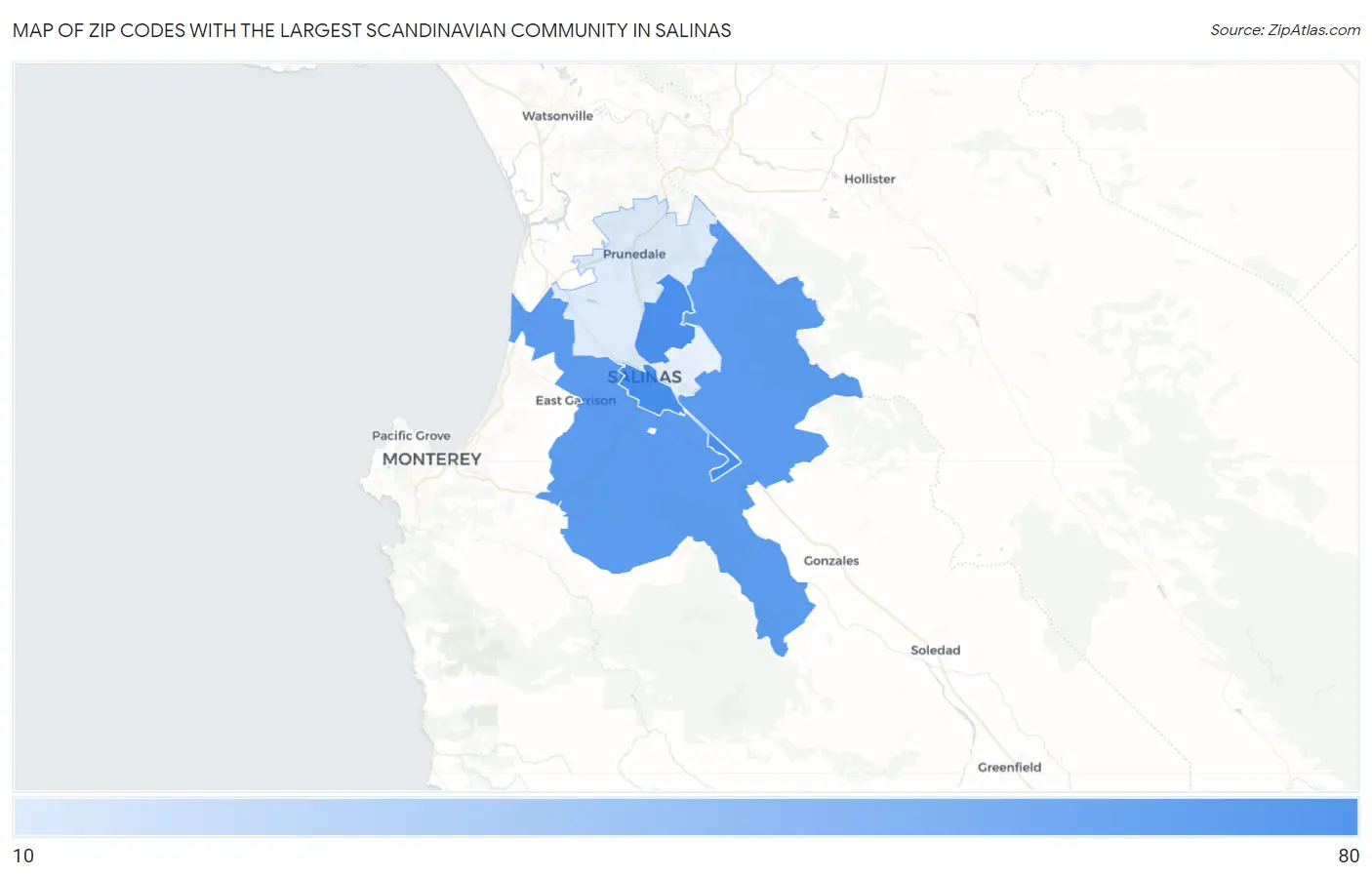 Zip Codes with the Largest Scandinavian Community in Salinas Map