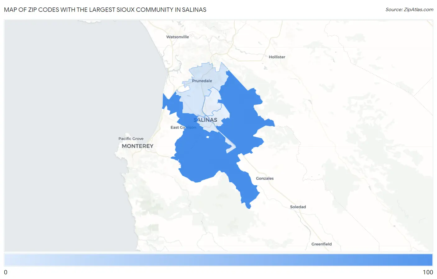 Zip Codes with the Largest Sioux Community in Salinas Map