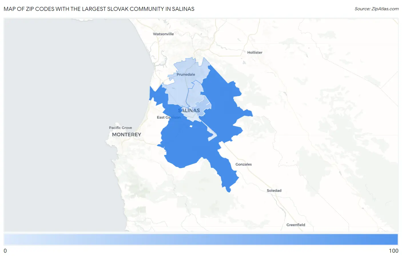 Zip Codes with the Largest Slovak Community in Salinas Map