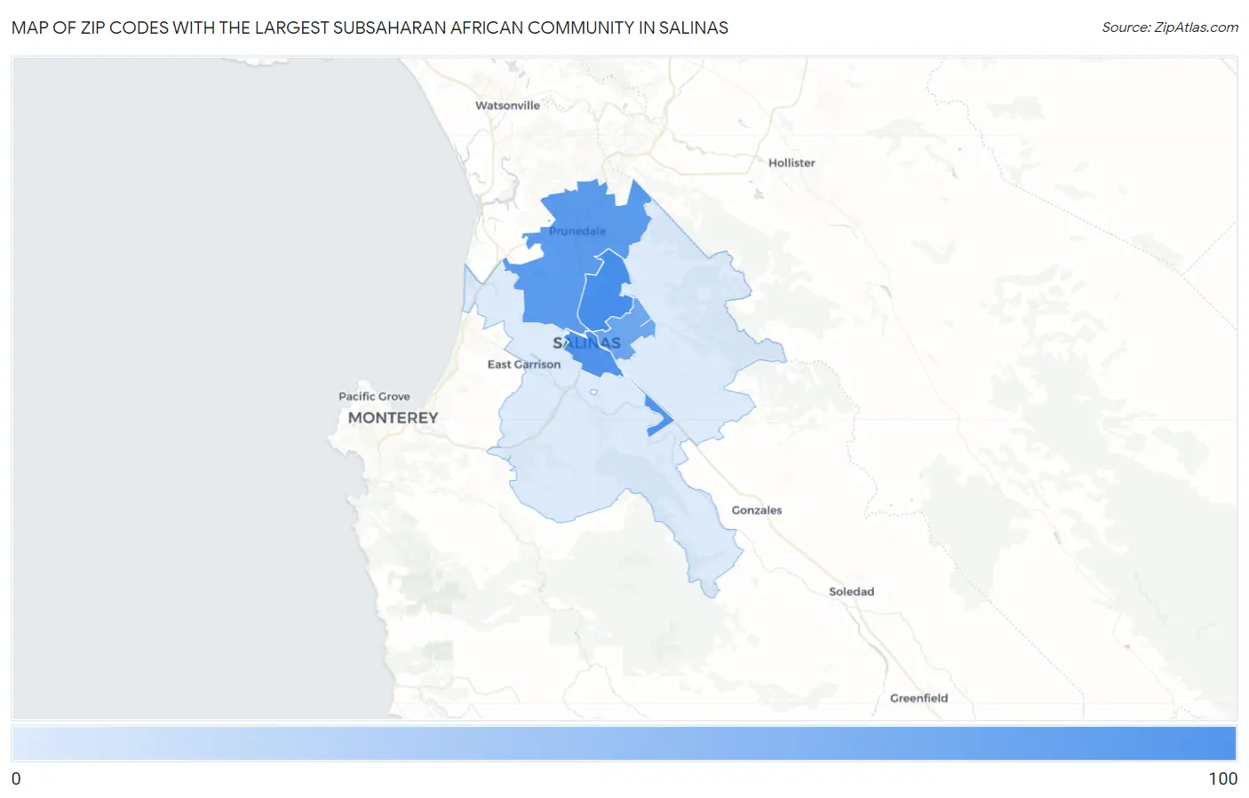 Zip Codes with the Largest Subsaharan African Community in Salinas Map