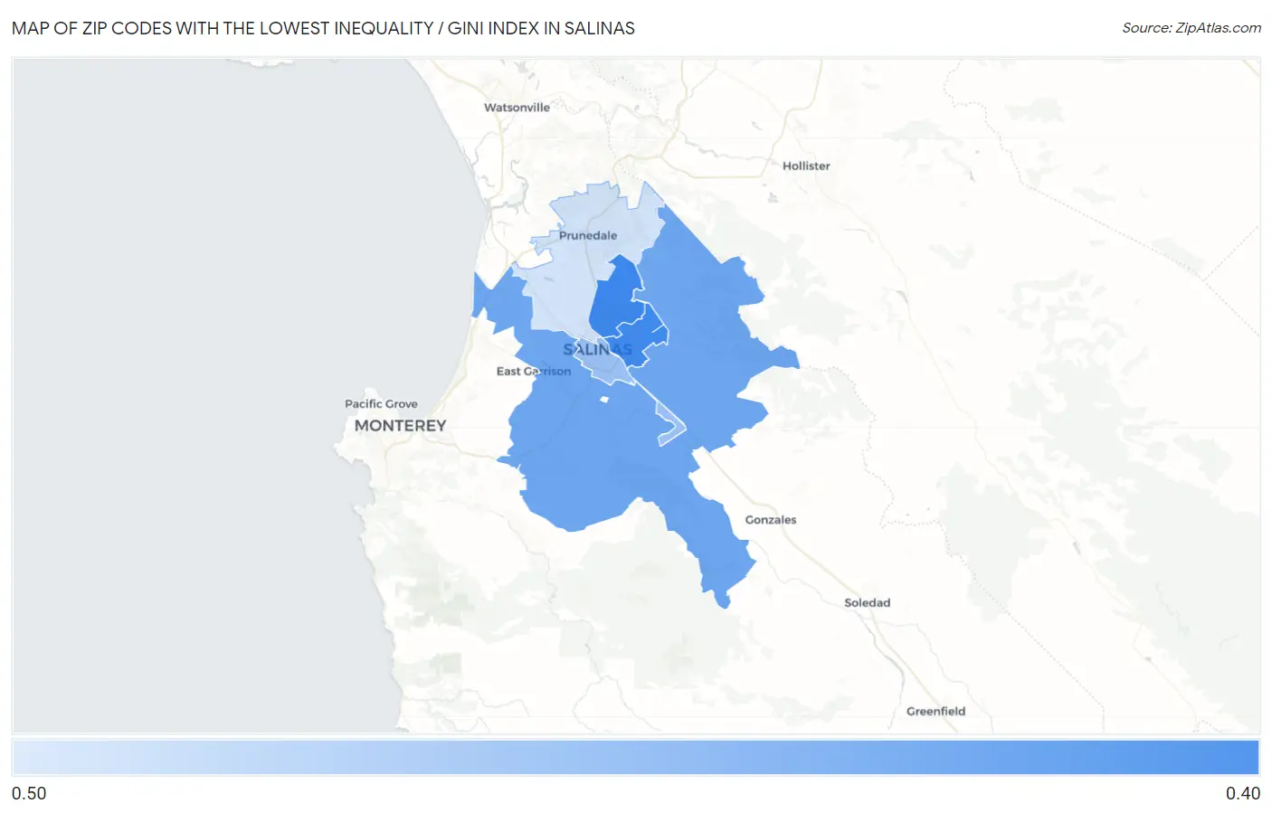 Zip Codes with the Lowest Inequality / Gini Index in Salinas Map