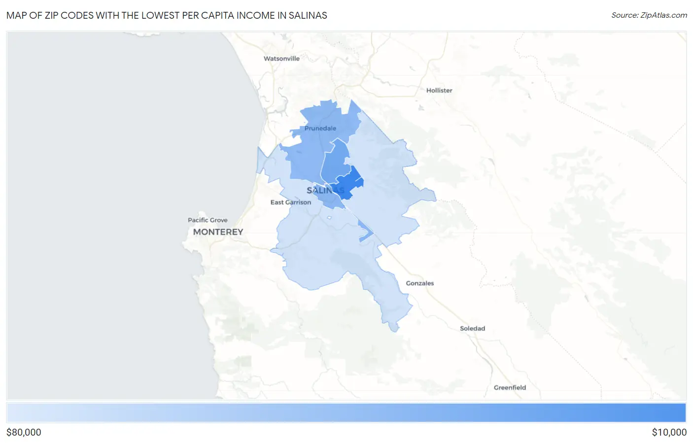 Zip Codes with the Lowest Per Capita Income in Salinas Map