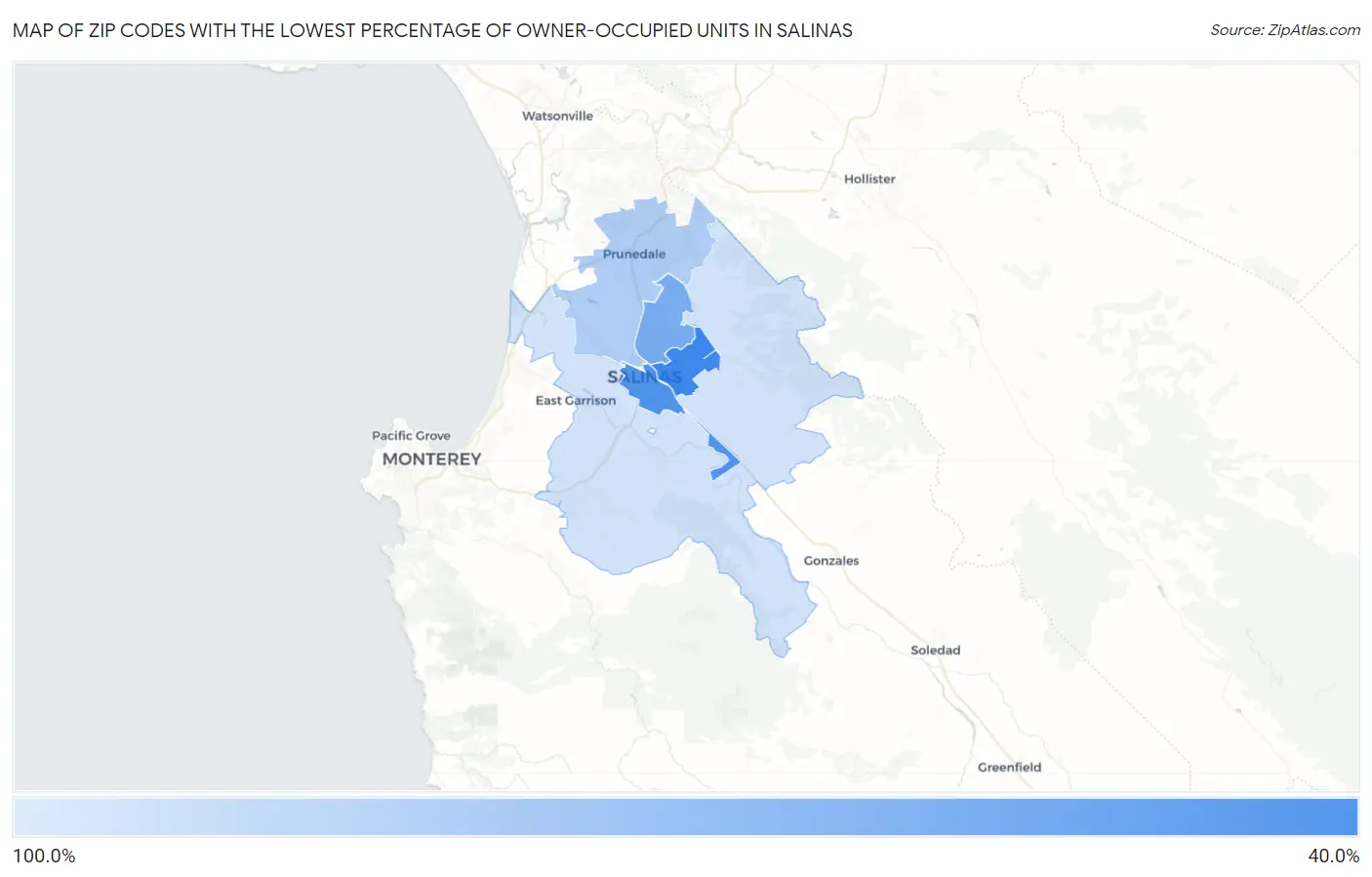 Zip Codes with the Lowest Percentage of Owner-Occupied Units in Salinas Map