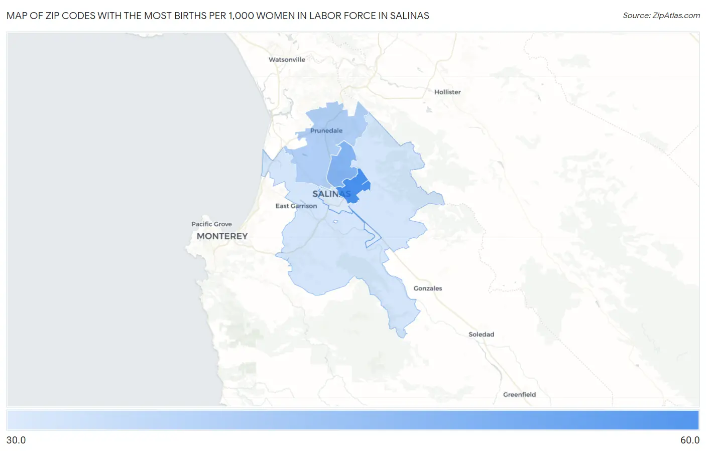 Zip Codes with the Most Births per 1,000 Women in Labor Force in Salinas Map