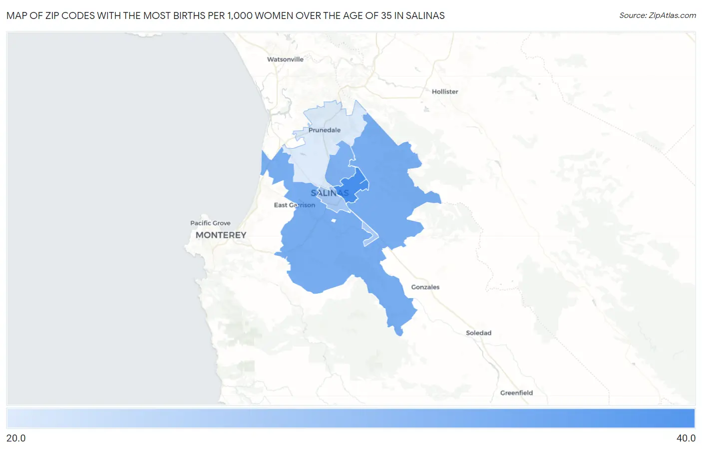 Zip Codes with the Most Births per 1,000 Women Over the Age of 35 in Salinas Map