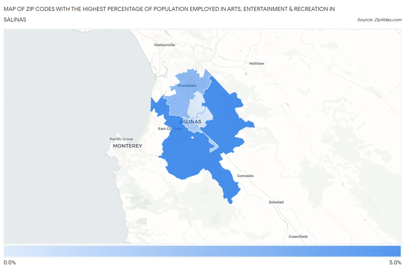 Zip Codes with the Highest Percentage of Population Employed in Arts, Entertainment & Recreation in Salinas Map