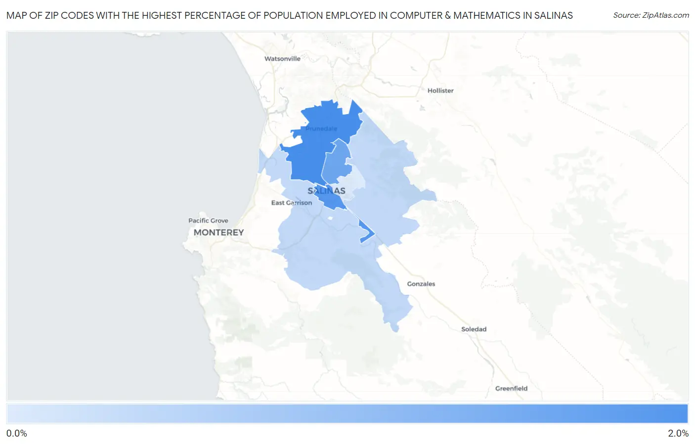 Zip Codes with the Highest Percentage of Population Employed in Computer & Mathematics in Salinas Map