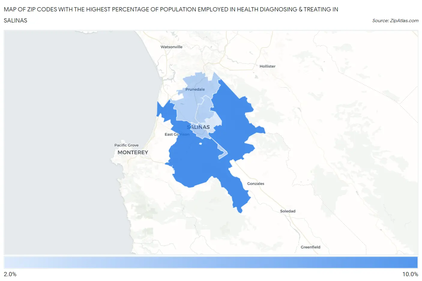 Zip Codes with the Highest Percentage of Population Employed in Health Diagnosing & Treating in Salinas Map