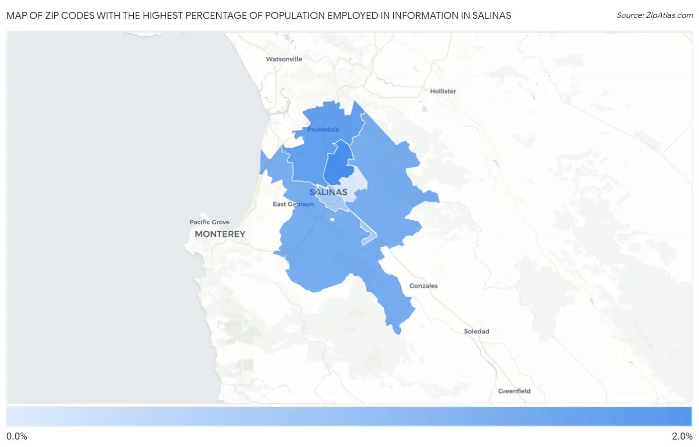 Zip Codes with the Highest Percentage of Population Employed in Information in Salinas Map