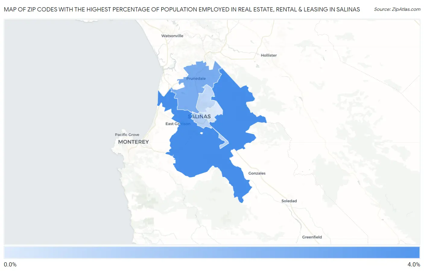 Zip Codes with the Highest Percentage of Population Employed in Real Estate, Rental & Leasing in Salinas Map