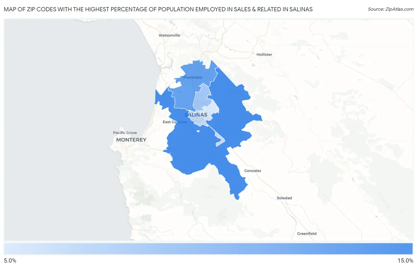 Zip Codes with the Highest Percentage of Population Employed in Sales & Related in Salinas Map