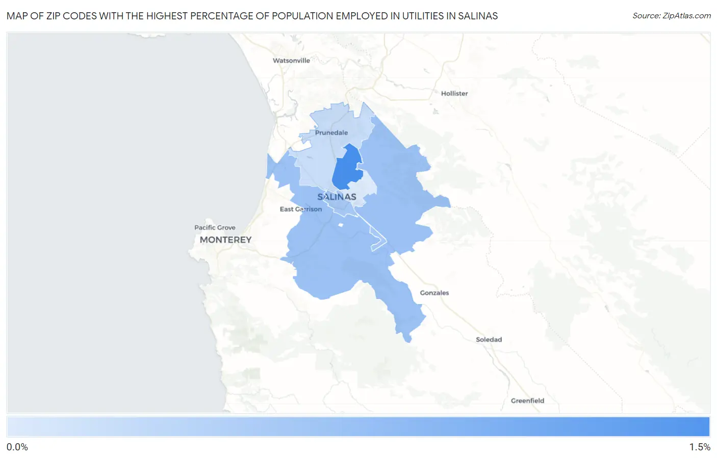 Zip Codes with the Highest Percentage of Population Employed in Utilities in Salinas Map