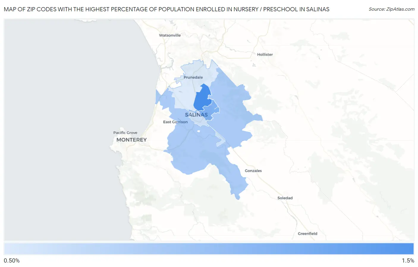 Zip Codes with the Highest Percentage of Population Enrolled in Nursery / Preschool in Salinas Map
