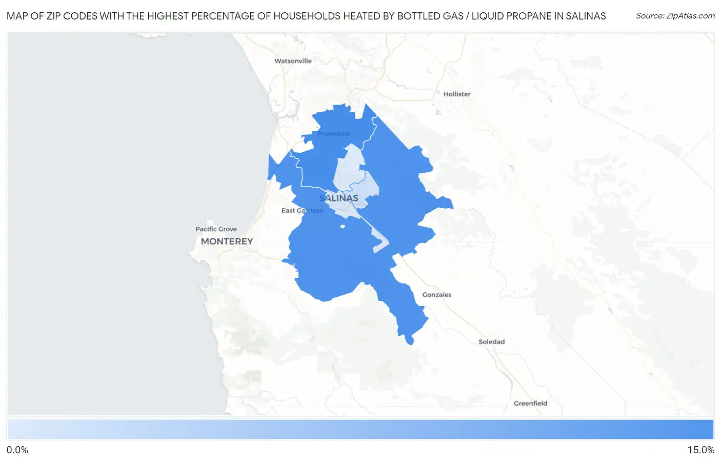 Zip Codes with the Highest Percentage of Households Heated by Bottled Gas / Liquid Propane in Salinas Map