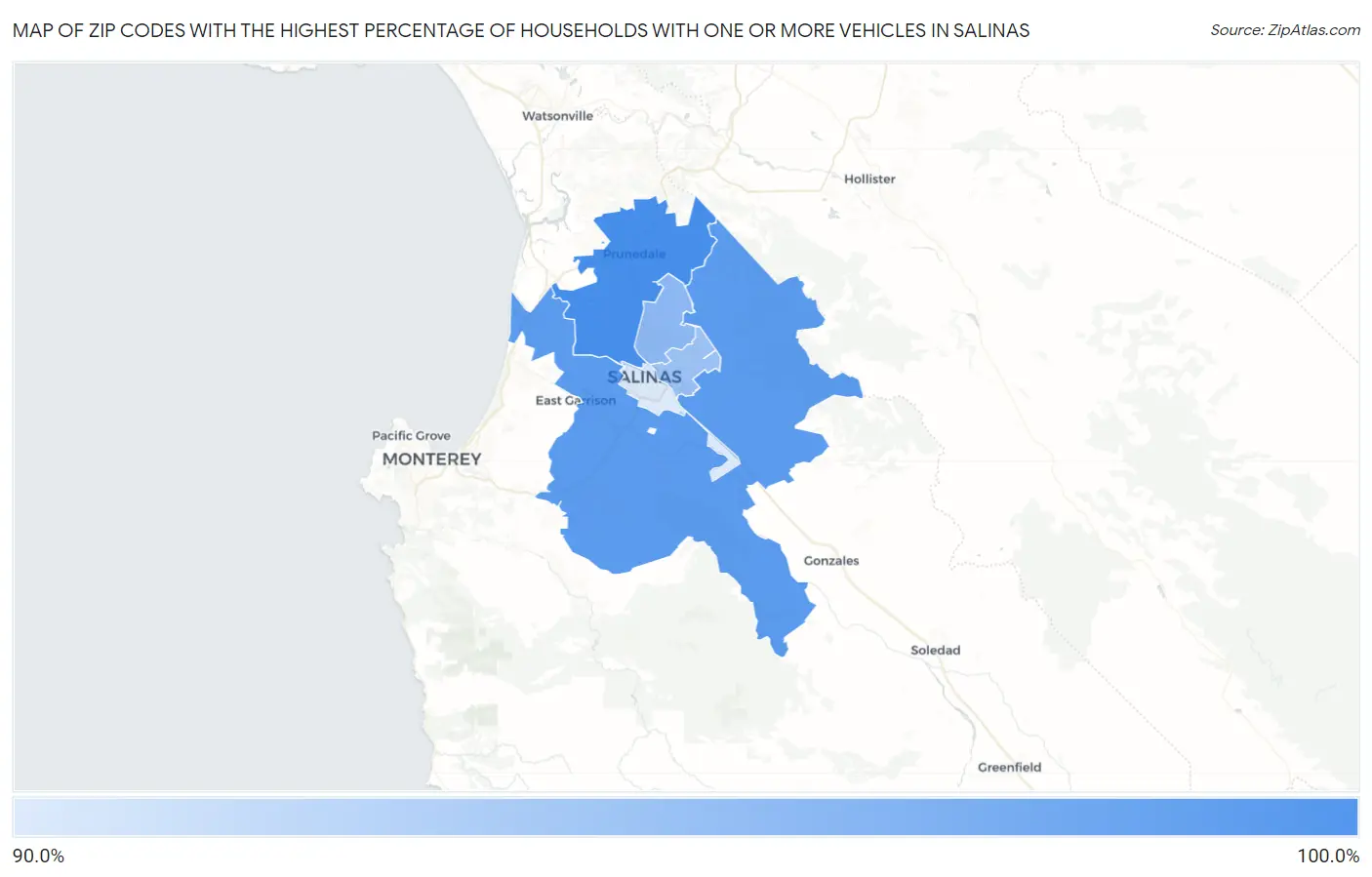 Zip Codes with the Highest Percentage of Households With One or more Vehicles in Salinas Map