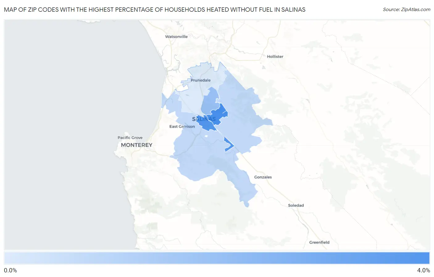 Zip Codes with the Highest Percentage of Households Heated without Fuel in Salinas Map