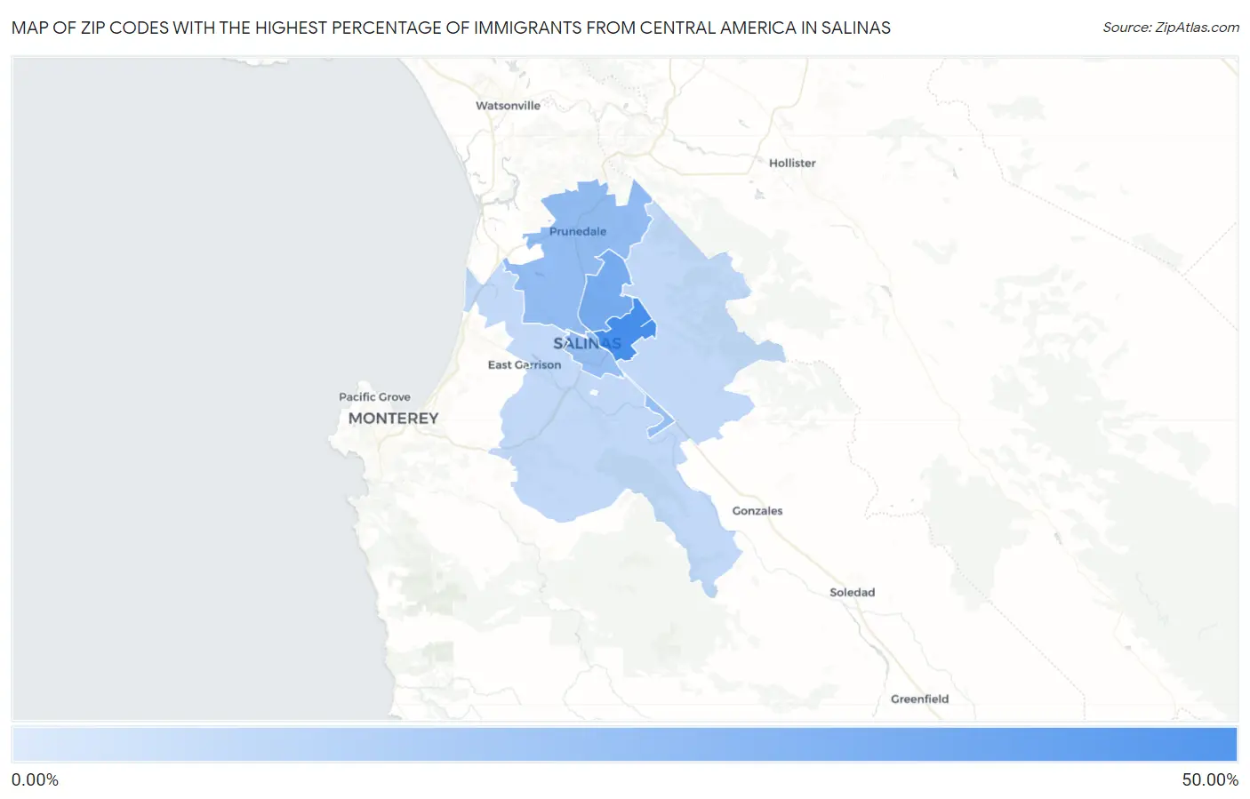 Zip Codes with the Highest Percentage of Immigrants from Central America in Salinas Map