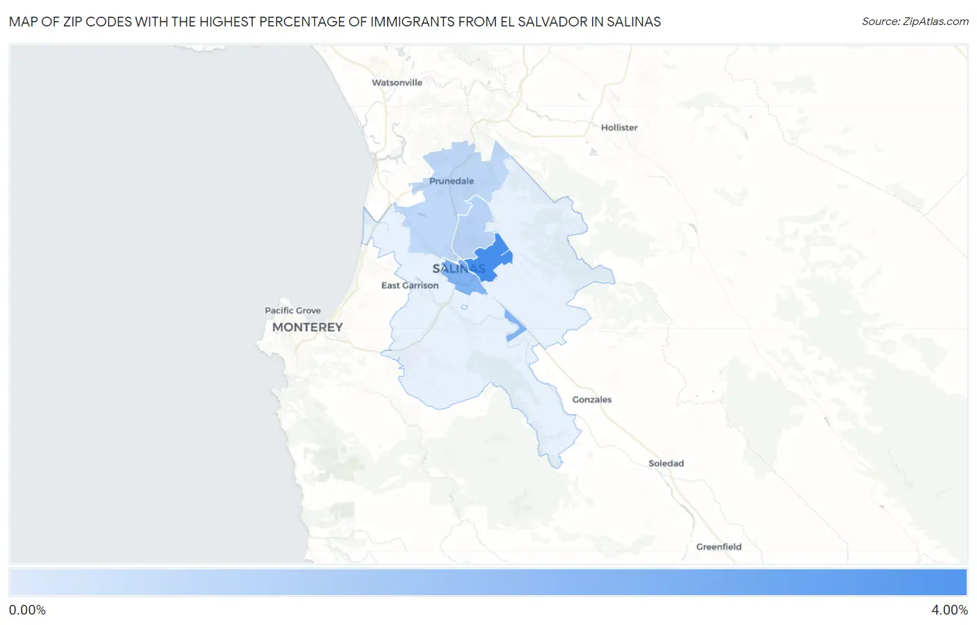 Zip Codes with the Highest Percentage of Immigrants from El Salvador in Salinas Map