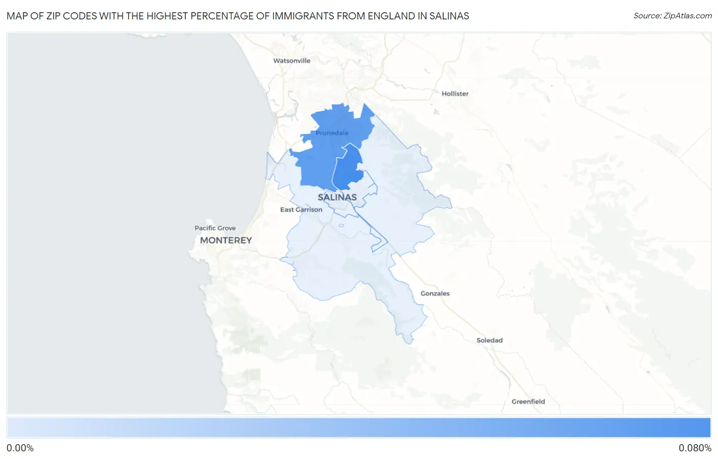 Zip Codes with the Highest Percentage of Immigrants from England in Salinas Map