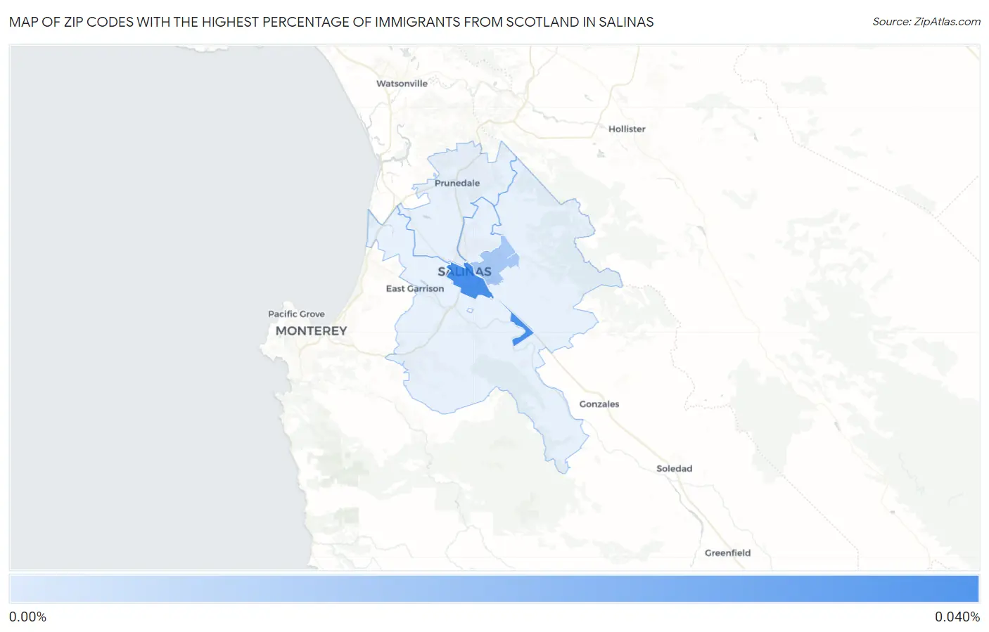 Zip Codes with the Highest Percentage of Immigrants from Scotland in Salinas Map