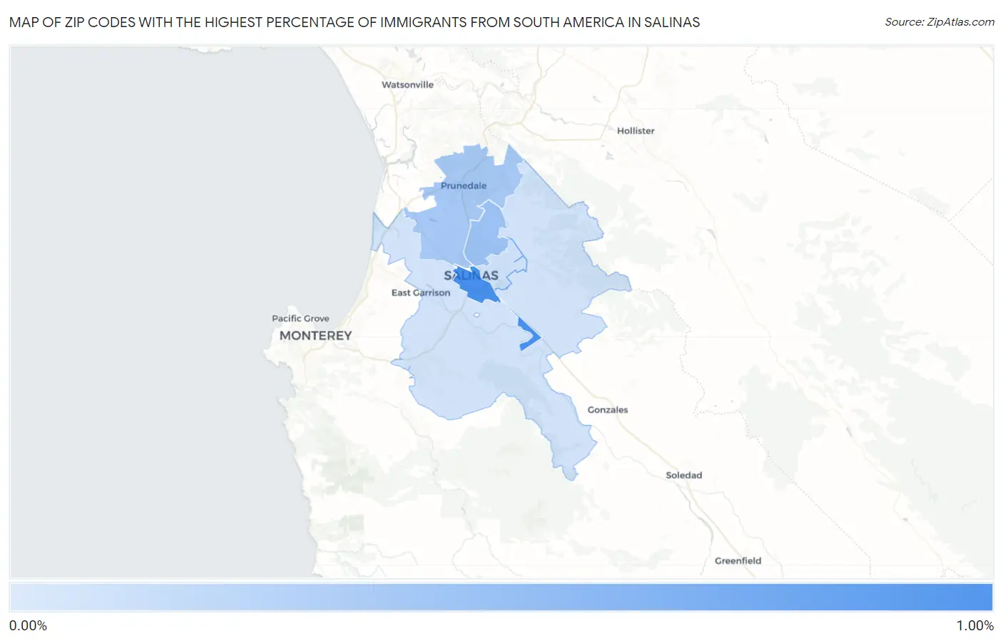 Zip Codes with the Highest Percentage of Immigrants from South America in Salinas Map