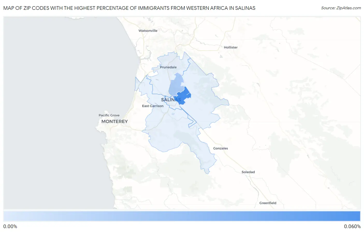 Zip Codes with the Highest Percentage of Immigrants from Western Africa in Salinas Map