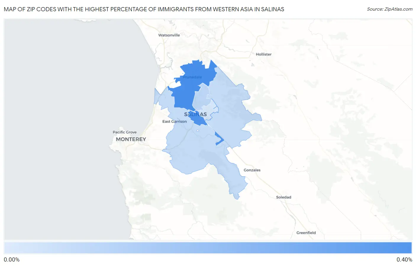Zip Codes with the Highest Percentage of Immigrants from Western Asia in Salinas Map