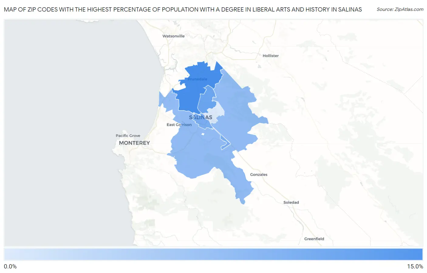 Zip Codes with the Highest Percentage of Population with a Degree in Liberal Arts and History in Salinas Map