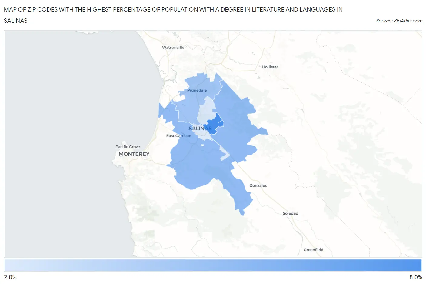 Zip Codes with the Highest Percentage of Population with a Degree in Literature and Languages in Salinas Map