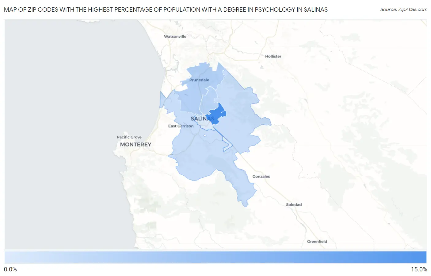 Zip Codes with the Highest Percentage of Population with a Degree in Psychology in Salinas Map