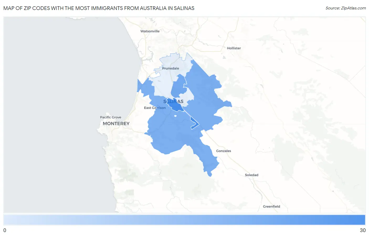 Zip Codes with the Most Immigrants from Australia in Salinas Map