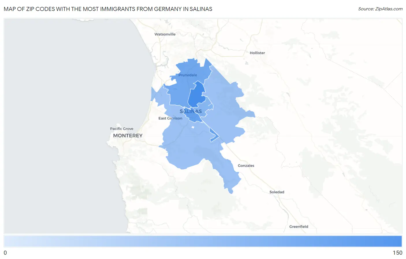Zip Codes with the Most Immigrants from Germany in Salinas Map