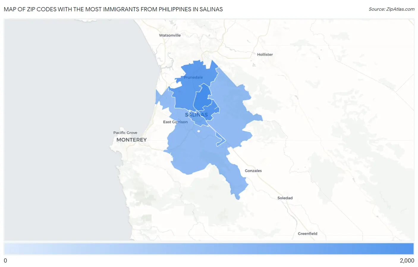 Zip Codes with the Most Immigrants from Philippines in Salinas Map